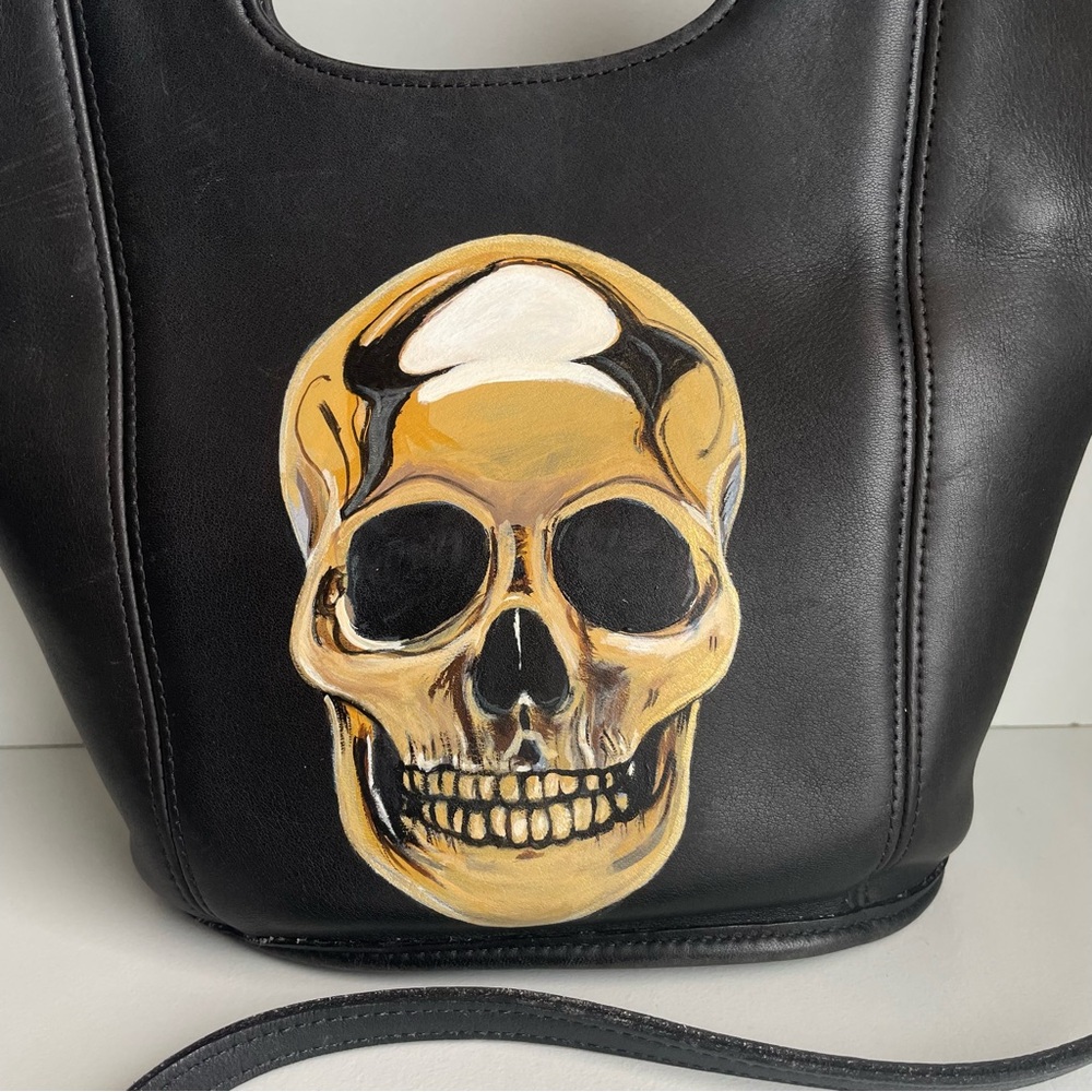 Coach Black Leather Gold Skull Skeleton Shopper Tote 9993 Bag Crossbody handbag - Picture 5 of 16